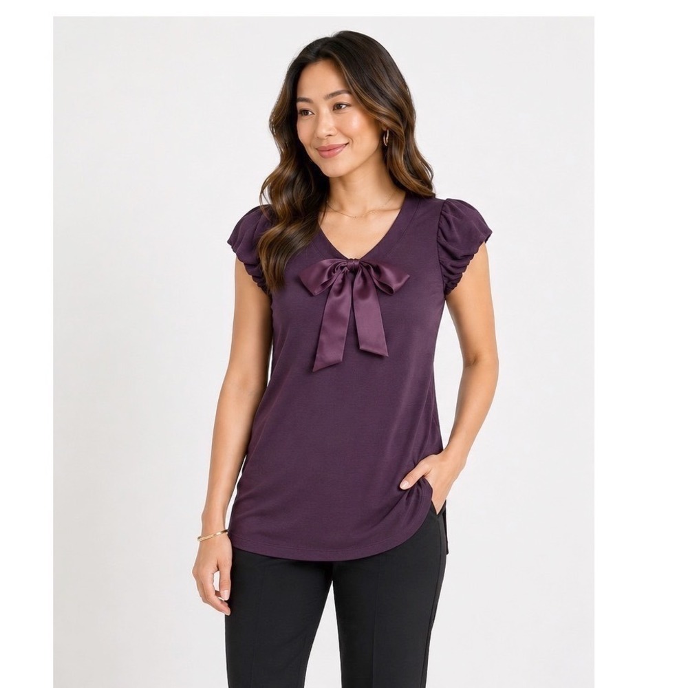 Jayeonjui Purple Cap Sleeve Bow Front Scoop Neck Jersey Top 90/US M Chic 113-12